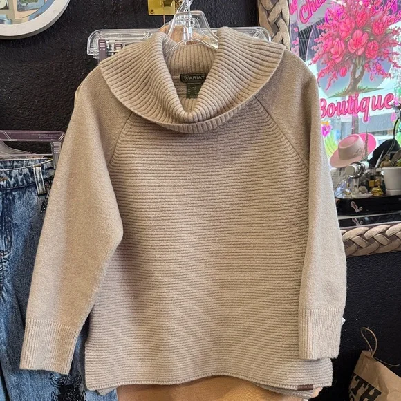 Ariat Country Three Chimney Ladies Sweater - Oatmeal Tan Cowl Neck Sweater - Picture 2 of 3